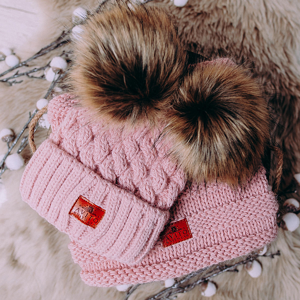 Mum&Me Double Pom-Pom Knitted Hat - Dusty Pink - Image 2