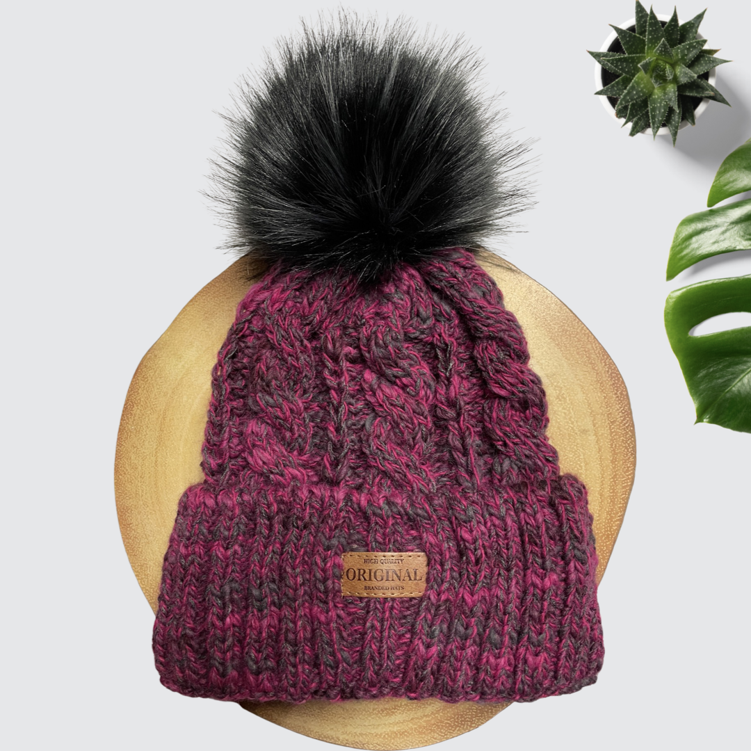 Alpaca Chunky Knit Hat Charcoal&Fuchsia Mix